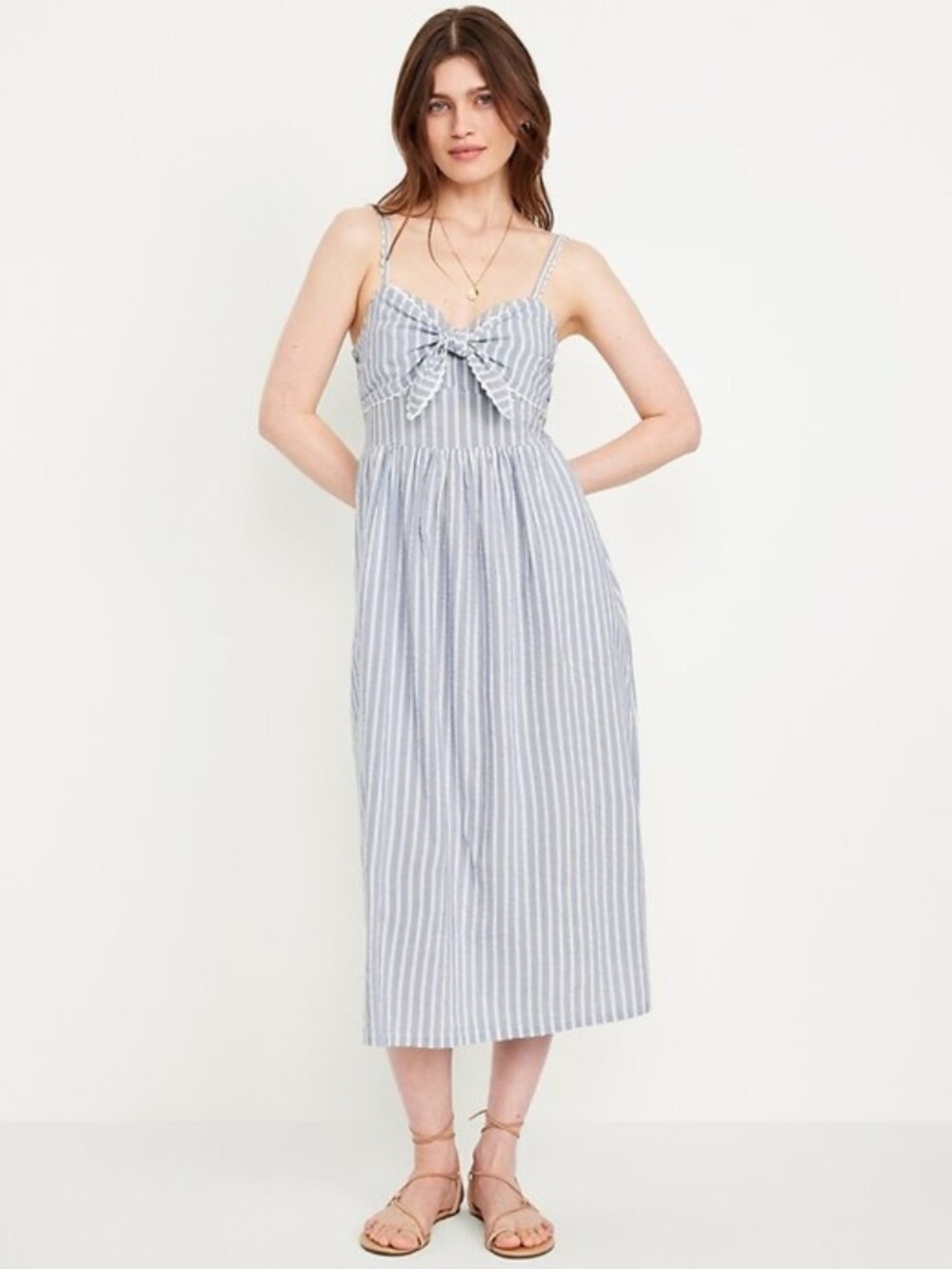 Fit & Flare Tie-Front Blue and White Seersucker Midi Dress - L